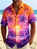 Summer Beach Essential! Short-sleeve Shirt with Neon Palm Sunset Print S orange