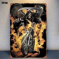 Tin Sign  Metal Poster Vintage Skeleton Rider Motorcycle Flames Wall Art Decor Halloween Party Garage Bar Man Cave Plaque Clas 20x30cm（7.8x11.8inch）