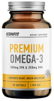 ICONFIT Premium Omega 3 minkštosios kapsulės: 500 mg EPA, 250 mg DHA, 90 vnt.