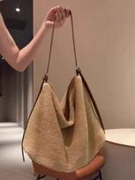 Korean Lazy And Relaxed Woven Bag Straw Woven Bag Women'S Large-Capacity Seaside Vacation Messenger Commuter Bag chaki