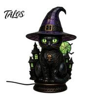 Vintage Carved Base Nightstand Lamp Black Cat Witch Hat Table Lamp, with Dreamy Purple Light, Gothic Retro Halloween Ornament, for Bedroom Bedside black