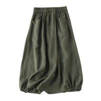 High-Waist Elastic Waistband Pockets Buttons Decor Large Hem Midi Skirt Women Solid Color A-Line Retro Skirt 2XL armijos žalia spalva