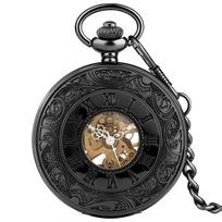 Black Skeleton Pocket Watch with Fob Chain, Half Hunter Steampunk Roman Numerals Vintage Locket Watch Mechanical for Men Gift black