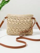 Bohemiška kutais pinta šiaudinė rankinė per petį, su odiniu dirželiu, moterims YX- beige