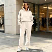 Women's Lined Half Zip Hoodie and Wide Leg Pants 2 Piece Sweatsuit for Fall Winter M rožinė