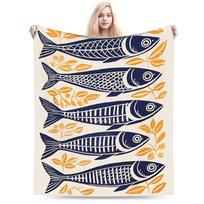 Retro Sardines  Flannel Blanket Spring  Warm Soft Throw Blanket for Children Outdoor Funny Bedspread Sofa Bed Cover 100x125cm (40x50inch) blue