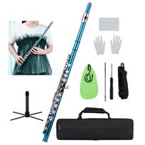 Uždaros skylutės C fleita, 16 klavišų, kupronikelio, nikeliuota, pučiamasis instrumentas su dėklu, fleitos stoveliu, pirštinėmis, valymo šluoste white