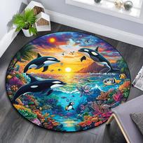 Orca Whales Round Area Rug,Carpet Rug for Living Room Bedroom Sofa Playroom Decor,Non-slip Floor Mat 80cmx80cm blue