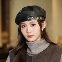 Temperament High sense leather beret autumn and winter hat women's metal buckle fashion versatile painter hat One Size beige