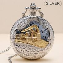 Vintage Steam Train Antique Chain Quartz Pocket Watch Round Skeleton Case Roman Numerals Locomotive Pendant sidabras
