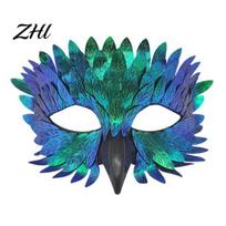 Adjustable Feather Masque for Carnival Bird Masquerade Masque, Iridescent Half Face Breathable Stage Performance with 3D Beak Halloween Costume, blue