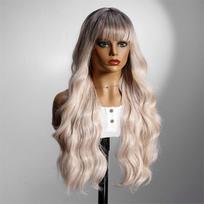 Long Wave Synthetic Wig with Bangs Body Wavy Ombre Blonde Hair Heat Resistant Wig for Women Daily Halloween Cosplay Use gray