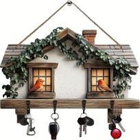 1 PCS 2D Wooden Hanging Decoration Cozy Birdsong Floral Cottage Wooden Sign Simple Key Hangers Wall Art Wall Decor Porch Gifts gray