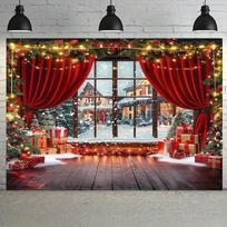 2D Christmas Window Scene Backdrop, Red Curtain & Xmas Tree Photography Background 47.2x31.5inch/120*80cm white