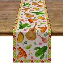 Mexico Fiesta Cactus Sombrero Taco Linen Table Runner Day of The Dead Themed Kitchen Dining Table Runners Holiday Party Decor 150x33cm beige