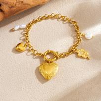 Gold Stainless Steel Heart Locket Charm Bracelet with Pearls and Flower Pendant auksas