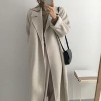 Ilgas vilnonis paltas moterims Ruduo Žiema Šiltas viršutinis drabužis Moteriškas Elegantiškas Madingas Nėriniais surišamas viršutinis drabužis Moteriški Laisvi Atsipalaidavę Stilingi paltai M gelsvai ruda
