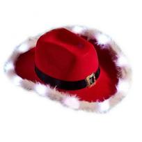 Fashion Christmas Cowboy Hats LED Luminous Red Velvet and White Feather Santa Hat Women Girls Cosplay Tiara New Year Party Decor pink