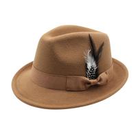 Vintažinis Fedora skrybėlis Moterims Vyrams Aukštas skrybėlis, Plunksnų veltinio skrybėlis, Vyriškas Džiazo skrybėlis Europos ir Amerikos Džentelmeno Minkštas vilnonis skrybėlis One Size tamsiai mėlyna