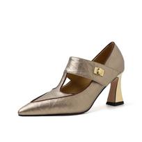 Light Luxury 2024 Vintage Cowhide Gold Thong Mary Jane Shoes Women's Thick Heels Pointed Single Shoes Women's High Heels 43 juoda