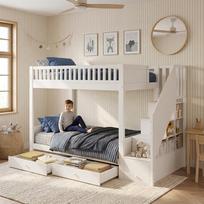 White Children's Bunk Bed 90x200 cm made of Wood, with Storage Staircase, 2 Bed Drawers and Fall Protection, Space-saving for Children's Room 254 x 95 x 165 cm balta