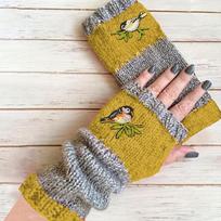 1Pair Moteriškos žiemos lauko siuvinėtos paukščių pirštinės pirštinės be pirštų megztos bloko susiuvimo pirštinės gray