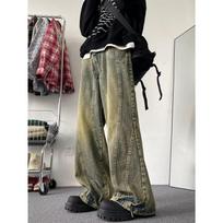 Men's Retro Distressed Wide-Leg Washed Yellow Jeans L gray