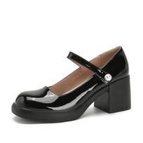 Stambūs „Mary Jane“ batai moterims „Block-Heels“ Aprangūs batai su dirželiu ant kulkšnies Moteriški laisvalaikio apvalūs kojų pirštai Vestuvių biuro vakarėlis „Mary Jane Pumps“ 40 juoda