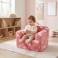 Vaikiška sofa, vaikiškas fotelis su rankena nešimui ir šoninėmis kišenėmis, vaikiškas putplasčio krėslas, vaikiškas foteliukas, lengvas vaikiškas sofos krėslas, rožinė vaivorykštė 68 x 38 x 20 cm