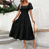 Women's Color Square Neck Backless Short Puff Sleeve Pleated Dress M dangaus mėlyna spalva