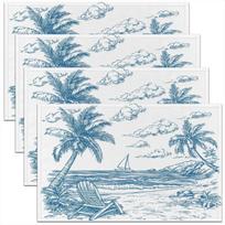 4pc Vintage Coastal Blue Beach Placemats Linen French Toile Palm Tree Ocean Wave Table Mats Heat Resistant Kitchen Decor 4PCS gray