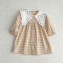 Girls' Korean Style Plaid Dress with Big Lapel - Spring/Autumn Casual Skirt for Kids 130cm gray