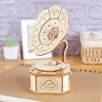 Gramophone Music Box 3D Three-dimensional Building Block Puzzle Handmade Toy Desktop Ornaments Holiday Gift Wood Crafts gray