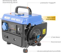 Güde Gse 951 generatorius (2 taktų variklis, benzinas, 1/1,36 (kw/ps), 1 x 230 V lizdas, maks. 720 W, veikimo trukmė iki 7,5 val., bakas 3,8 l, atbulinis paleidimas, nešimo rankena, svoris 15,85 kg)