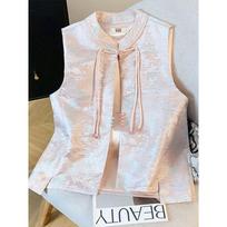 Women's Chinese Style Jacquard Sleeveless Vest Mandarin Collar Tie Front Vintage Waistcoat S smėlis