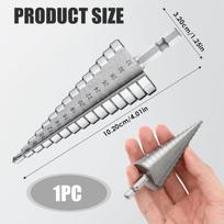 Pakopinis grąžtas, skersmuo 4–32 mm, su 15 pakopų, kūginis grąžtas, pakopinis grąžtas, skutimo grąžtas, skersmuo 4–32 mm – Hss nerūdijantis plienas, skirtas metalui, medžiui, žalvariui, plastikui – aukštos kokybės spiralinis grąžtas – sidabrinis