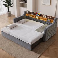 Miegamoji sofa 90x190 cm su ištraukiama lova, aksominė sofa-lova, medinis galvūgalis su daiktadėže, LED apšvietimas, USB ir Type-C prievadas, grotelinis rėmas, tamsiai pilka 201 x 107 x 80 cm tamsiai pilka spalva