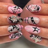 24Pcs Pink Glossy Almond French Press On Nails Y2K Metal Star Charm Sweet Cool Fake Nails brown
