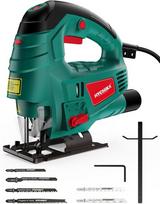 Hychika siaurapjūklis 800 w, maksimalus medienos pjovimo gylis 110 mm, 800–3000 sūkių per minutę elektrinis siaurapjūklis su lazeriu, 7 kintami greičiai ir 0–3 orbitinė padėtis, 6 ašmenys, nuožulnus pjovimas: nuo -45° iki 45°
