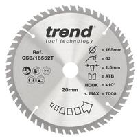 Trend medžio akumuliatorinis diskinis pjūklo diskas, 165 mm skersmuo, 20 mm skylė, 52 dantys, hw, 1,6 mm pjovimo plotis, +15° kampas, csb/16552t