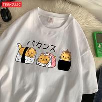 Fashion Women T-Shirts Japanese Cute Cat Sushi Printing Short Sleeve Oversize O-Neck Soft Summer Casual Female Clothes XL oranžinė