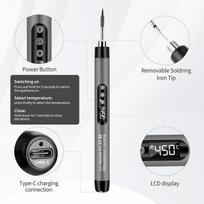 Akumuliatorinis lituoklio rinkinys - Daakro Usb įkraunamas lituoklis su Lcd ekranu, belaidis lituoklio rinkinys, belaidžiai litavimo antgaliai ir litavimo stovas su reguliuojama temperatūra (pilkas)