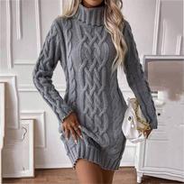 Women's Fashionable Casual Color Cable Knit Long-sleeved Turtleneck Sweater Dress L black