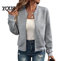 Solid Color Spring Fall Jackets Women Winter Zip-Up Jacket, Long Sleeve Casual Autumn Coats Outwear, Round Neck Coat with Ribbed Collar Cuffs S black