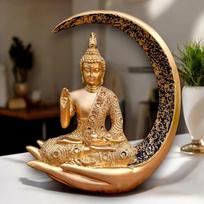 Antique Big Meditating Moon Buddha Statue Showpiece for Home Decor brown