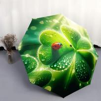 Automatic Folding Umbrella A ladybug on a dewy green clover leaf. Portable collapsible design, casual outdoor accessory, for a Iron&8K green