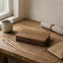 Paint Box with Wooden Wells Finish Hinged Lid for Painters, Artists, Travel, Art brown