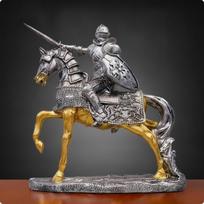 Knight on Horse Figurine Antique Finish Armored for Home Display 25-9-28cm Sword Knight gray