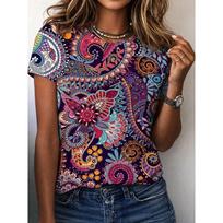 Paisley Bohemia Vintage T-Shirts Floral Graphic 3D Print Women's Short Sleeve T Shirt Tees Tops Female Clothing L black