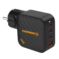 HAMMER RapidCharge 100W GaN sieninis įkroviklis, 2x USB-C PD 100W + 1x USB-A QC 30W, juodas